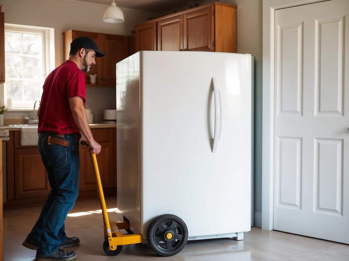 Worker moving an old refrigerator out of a kitchen with a dolly